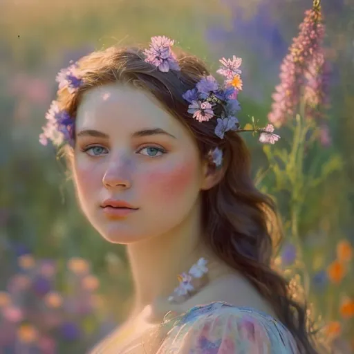 Prompt: Delilah as ethereal beauty, soft spotlight, surrounded by vibrant and faded wildflowers, watercolor monet style, closeup of face 