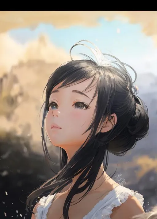 Prompt: scenic, front view, body portrait,

masterpiece best quality Mary Cassatt style painting intricate hyper realistic 2.5D 1 anime cute girl hopeful, strong fluidity ultra hard fluid sand canvas ultra hard texture 2.5D flying fluffy hair, stray hairs, petite young body, illustration, best quality: 1.2), 1 girl, solo, black hair, dignified, finely detailed, highly detailed emotions less face, highly detailed beautiful red eyes, beautiful detailed shadow, phonological detailed background, high school girl uniform , transparent open white shirt, black tights, medium chest, neckline, with unique color tie