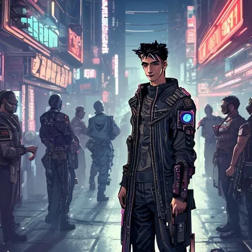Prompt: Early 20's man in a cyberpunk setting, surrounded by guards, gentle smiling
