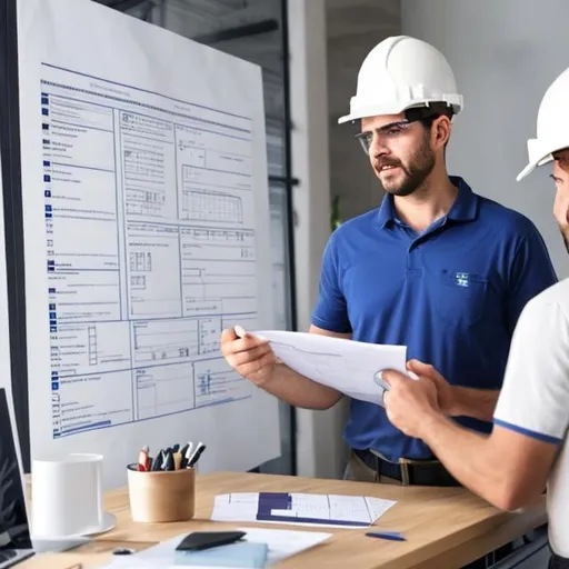 Prompt: a builder in a white helmet in the office chooses which of two construction schedules he will use, either detailed with a large number of tasks on Gant chart or non-detailed with a small amount of tasks

