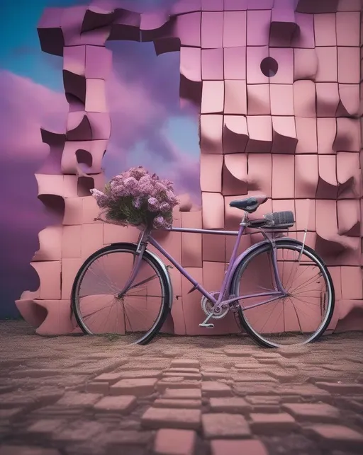 Prompt: A surreal dreamscape blending real world elements into abstract forms, with a crumbling brick wall transforming into a wave-like pattern, an old bicycle melted and twisted into a metallic flower shape, clouds forming geometric cubes in a purplish sky. Shot with a Fujifilm X-T4 mirrorless and 10-24mm ultra-wide angle lens. Uplifting pastel colors, softly blurred. 