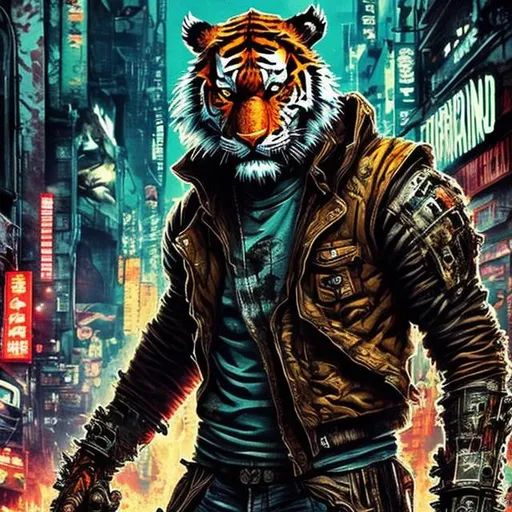 Prompt: Gritty Todd McFarlane style Tiger. Full body. Gritty, futuristic army-trained villain. Bloody. Hurt. Damaged. Accurate. realistic. evil eyes. Slow exposure. Detailed. Dirty. Dark and gritty. Post-apocalyptic Neo Tokyo .Futuristic. Shadows. Armed. Fanatic. Intense. 