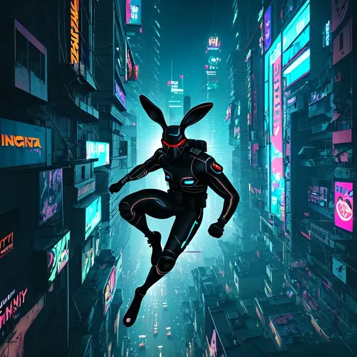 Prompt: military man in bunny suit and mask surfing on sloped walls, night, cyberpunk big city, amazing details, digital art, cinematic lighting, neon lights, blurred background