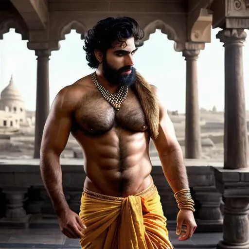 Prompt: scene of hyperreal beautiful dwarka sensual boy with handsome rage face, very hairy pecs and sensual calves, dhoti, shawl, arena, perfect composition, hyperrealistic, super detailed, 8k, high quality, trending art, trending on artstation, sharp focus, studio photo, intricate details, highly detailed, by greg rutkowski
