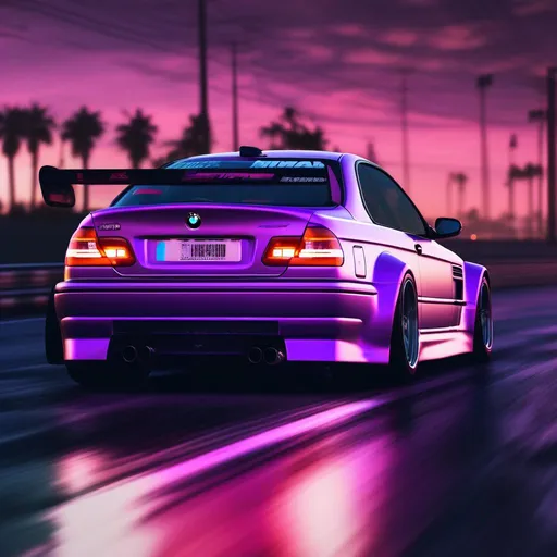 Prompt: 2001 BMW M3 E46 GTR, synthwave, aesthetic cyberpunk, miami, highway, dusk, neon lights, coastal highway, dusk, neon lights, coastal highway, sunset, drift, nurburgring, very detailed