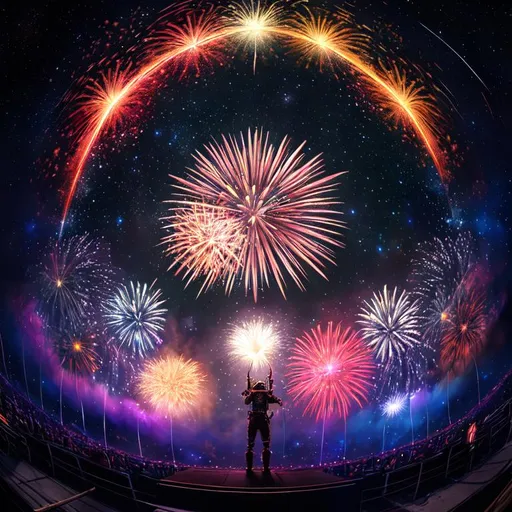 Prompt: An epic fantastic realism comic book style painting of the most beautiful spinning FIREWORKS , launched across the dark and starry night sky,  fisheye, unreal 5, DAZ, hyperrealistic, octane render, dynamic lighting