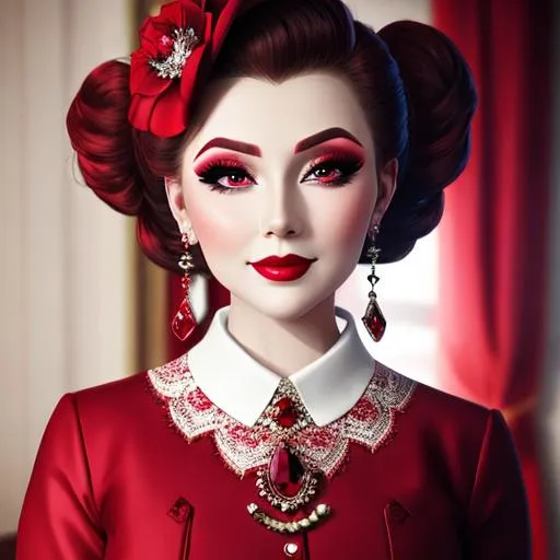 Prompt: Ruby lady-lady all in red, pretty makeup, elegant, nice clothes, facial closeup