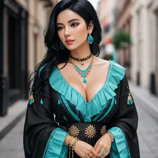 Prompt: Woman with black hair wearing turquoise jewelry
