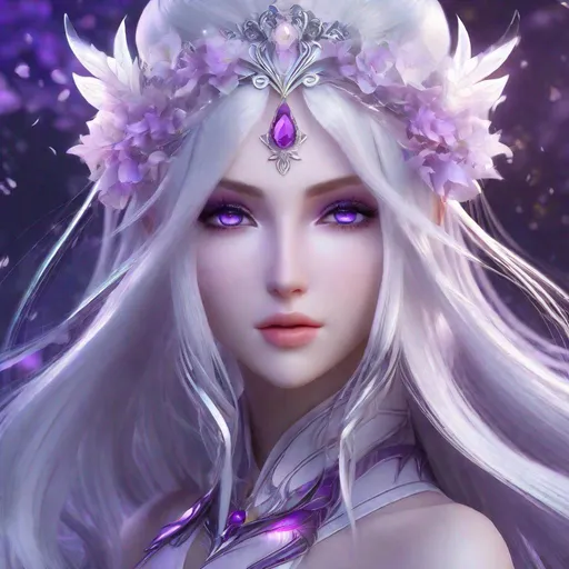 Prompt: 3d anime woman, beautiful, mysterious elf lady,white hair, purple eyes, long hair, soft look