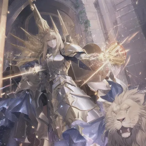 Prompt: a royal paladin with lion armor , holding a giant shield, lion mask，surrounding by enemy, holiness, gate behind