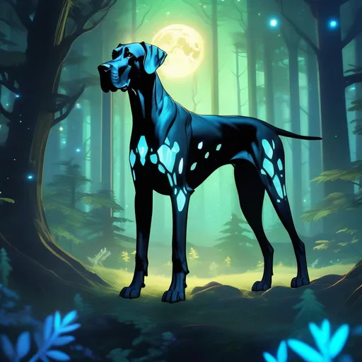 Prompt: A mythical translucent great dane that is glowing, in a forest surrounded by bones, beneath the stars, bioluminescent, highres, best quality, concept art
