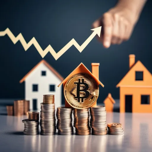 Prompt: a house with a bitcoin on top of it next to stacks of coins and a house model, Edi Rama, futurism, future, a stock photo, an investment arrow going up with percentage figure next to it 