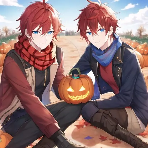 Prompt: Zerif 1male (Red side-swept hair covering his right eye, blue eyes), highly detailed face, 8K, UHD, wearing a cozy  sweater, ripped jeans, and boots, in the park, fall.  wearing a scarf, looking up at the sky, in a pumpkin patch,  young adult