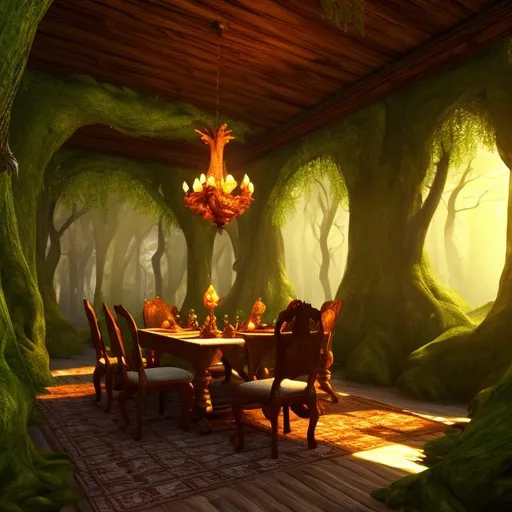 Prompt: fantasy forest, dining room interior, UHD, HD, 8K, 