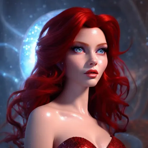 Prompt: HD 4k 3D professional modeling photo hyper realistic beautiful enchanting woman jessica rabbit red hair fair skin blue eyes gorgeous face sparkling dress dark singers lounge piano interior landscape hd background ethereal mystical mysterious beauty full body