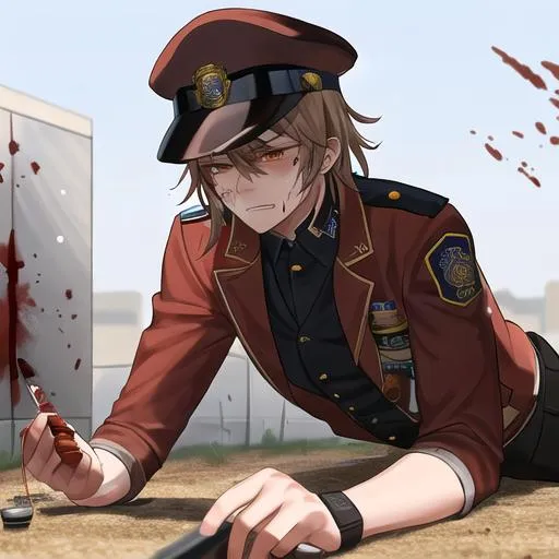 Prompt: Caleb as a police officer in a gunfight bullets flying, wounded, covered in blood, lying on the ground, with a pained look on his face
