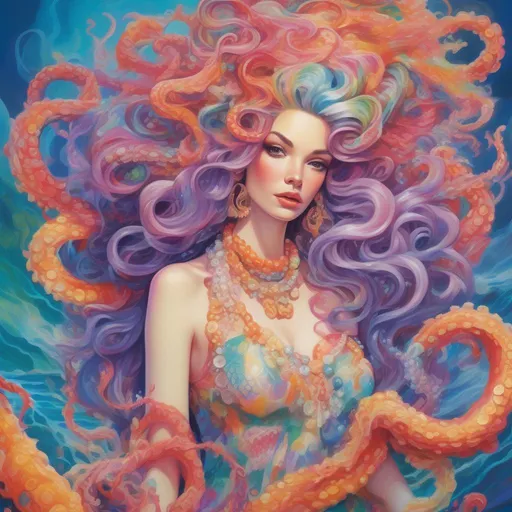 Prompt: A colourful woman with tentacles for hair in a flowing soft dress made of kelp, scales, coins, pearls and coral, in a painted style in the colour palate of Lisa Frank