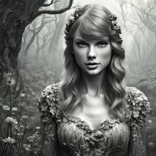 Prompt: generate me a Taylor Swift album cover concept with no words whatsoever on it called "Flora" which features a rustic, forest-like aesthetic true to her later eras such as Evermore and Folklore. it must be highly realistic detailed, 4k HD with sunlight shining over taylor, a detailed body with no words. it can be black and white.