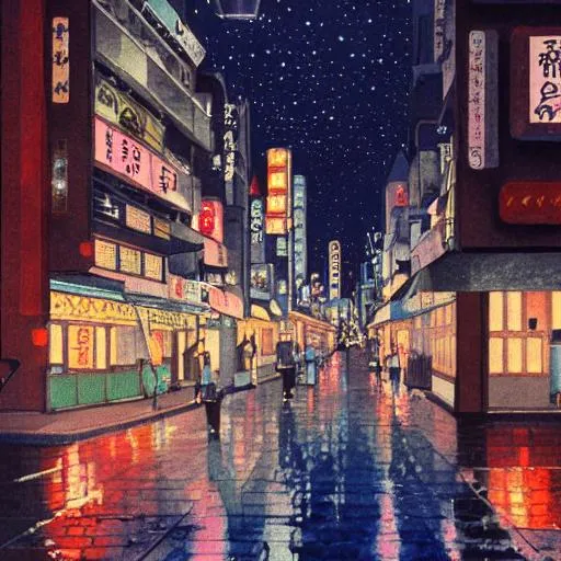 Prompt: painting of Tokyo, studio Ghibli,  nostalgic lighting,  with dark colors, highly detailed, crisp quality, bokeh