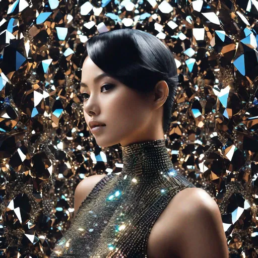 Prompt: 3/4 body, pretty young Indonesian woman, 25 year old, (round face, high cheekbones, almond-shaped brown eyes, small delicate nose, short black hair), body suit made out of plastic beads, active pose, hologram by Alexander McQueen, behance contest winner, net art, holographic, trypophobia, made of crystals, masterpiece, intricate detailsl, hyper-realistic, photorealism, hyper detailed texturing, high resolution, best quality, UHD, HDR, 8K, award-winning photograph, octane render