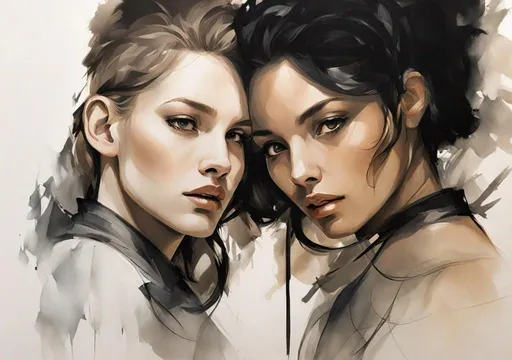 Prompt:  paper painting of two young women, in the style of ross tran, enki bilal, dark silver and beige, serene faces, olivier valsecchi, dark and intricate, dynamic sketching 