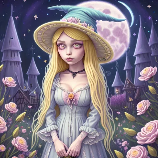 Prompt: witch with long blonde hair, large chest, wearing witch hat, cute, flowers, aesthetic, pastel, fairycore, disney, pixar, moon, stars, witchcraft, in a starry pastel sky,  garden, sweet, dreamy, award winning illustration, artstation, highres, realistic, tim burton style, large eyes,  tarot card style