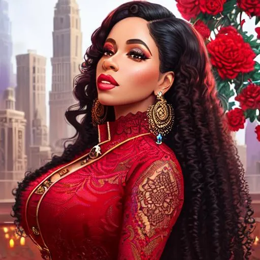 Prompt: Cardi. B, Hyper realistic, detailed face,battlefield ethereal dark red  lace royal princess pants suit,  floating city in background, jewelry set, wild curly straight super long hair, red flowers and red birds in the background, royal vibe, highly detailed, digital painting, HD quality, brown skin, artgerm, by Ilya Kuvshinov 