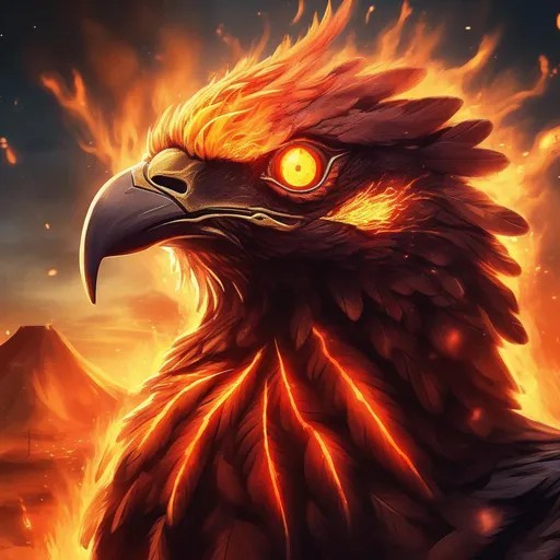 Prompt: fallout art style, portrait of a fierce starry phoenix made of fire that is glowing, flying, flaming head, mouth open, glistening flowing flaming feathers, glowing red eyes, bioluminescent, volcano, eruption, lava, magma, fireballs, sunset, beneath the stars, masterpiece, highres, best quality, concept art, 64k, highly detailed, vibrant, professional, UHD