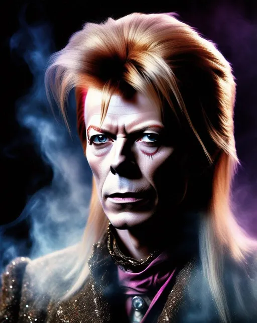 Prompt: A glamorous digital portrait of David Bowie as the mesmerizing Goblin King from the classic 1986 fantasy film Labyrinth. Dramatic lighting and smoke effects emphasize his eccentric look. (((Piercing eyes))) stand out against the dark background. Colorful, imaginative style pays homage to the iconic character.