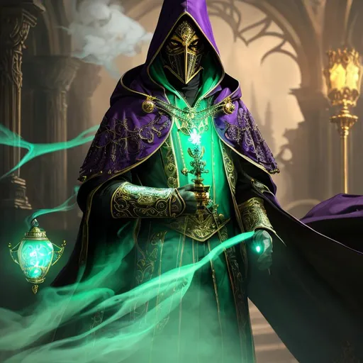 Prompt: ,high-quality high-detail highly-detailed breathtaking Villen ((by Aleksi Briclot and Stanley Artgerm Lau)) - ((a warlock)),  detailed warlock ornate robes, 8k hooded and with a vintage brass mime mask, highly detailed vintage brass mime mask, add some purble smoke, glowing chest emblem , smooth detailed shoulder plates, detailed ivory, full body, fantasy robes, wearing mime mask, 8k,  full form, detailed library setting, full form, epic, 8k HD, ice, sharp focus, ultra realistic clarity. Hyper realistic, realistic, close to perfection, high quality cell shaded illustration, ((full body)), dynamic pose, perfect anatomy, centered, freedom, soul, approach to perfection, cell shading, 8k , cinematic dramatic atmosphere, watercolor painting, global illumination, detailed and intricate environment, artstation, concept art, fluid and sharp focus, volumetric lighting, cinematic lighting, 
