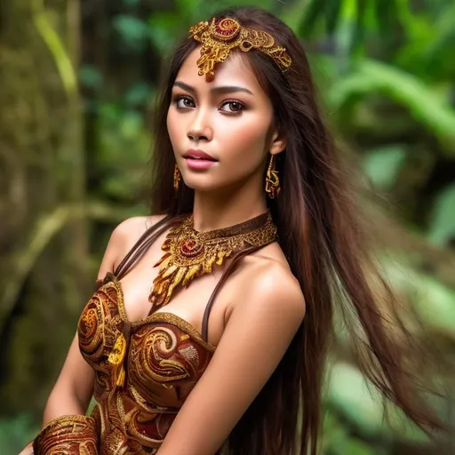 Prompt: professional modeling photo live action human woman hd hyper realistic beautiful Indonesian woman dark brown hair tan skin brown eyes beautiful face traditional indonesian dress with jewelry enchanting indonesian jungle hd background with live action dragon