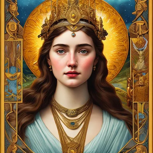 Prompt: "tarot card style, young goddess portrait, detailed fantasy illustration,