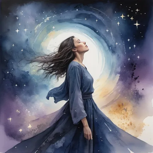 Prompt: Title: Faith's Reach
Medium:

Mixed Media (combining digital art, watercolor, and ink)
Color Palette:

Deep blues and purples for the night sky and battle scenes.
Warm golds, whites, and soft pastels for the elements symbolizing hope, faith, and the stars.
Composition:

Background: A night sky filled with stars, with a gradient from deep indigo at the top to a softer blue near the horizon. The stars should be prominent and varied in size, symbolizing hope and guidance.
Foreground:
On one side, a figure with closed arms and eyes, standing in a shadowy, turbulent environment that represents the battle. This area should have darker, more intense colors with sharp, chaotic lines.
On the opposite side, the same figure now with open arms and eyes, looking up to the stars. This area should be brighter, with smoother lines and a sense of calm and determination.
Central Element:
A pathway of light or energy connecting the two figures, symbolizing the journey from struggle to action and faith. This pathway can be represented by swirling lines of light that start chaotic and gradually become more harmonious as they move towards the figure with open arms and eyes.
Details:
Incorporate subtle, glowing elements around the open figure to signify the presence of faith and inner strength.
Small, symbolic elements like a broken chain or a shattering barrier near the closed figure to represent the obstacles being overcome.
Techniques:

Use a mix of watercolor for the background and softer elements to create a fluid, dreamlike quality.
Employ digital art techniques for sharp details and glowing effects, especially for the stars and pathway of light.
Integrate ink for precise lines and contrast, particularly in the turbulent and chaotic areas.
Mood:

The overall mood should transition from one of struggle and turmoil to one of hope and determination. The viewer should feel the tension of the battle but also the uplifting power of faith and action.
Inspiration:

Look to the works of artists who blend realism with abstract elements to convey deep emotional narratives, such as Sam Spratt or Karla Ortiz.
Consider the use of light and contrast in the works of J.M.W. Turner, particularly in his ability to convey both chaos and calm.