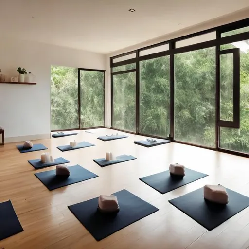 Prompt: Emphasize the minimal clean of our spa's indoor yoga room, white tones

