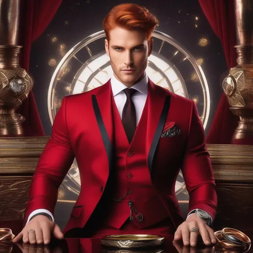 Prompt: Handsome Man,with sharp tipped red hair, wearing a red suit and tie,and his hands are full of different rings