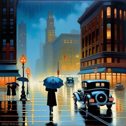 Prompt: 1930s, Chicago at night, creepy, rain, fog, cold blue atmosphere, cartoony style, extremely detailed painting by Greg Rutkowski and by Henry Justice Ford and by Steve Henderson 

