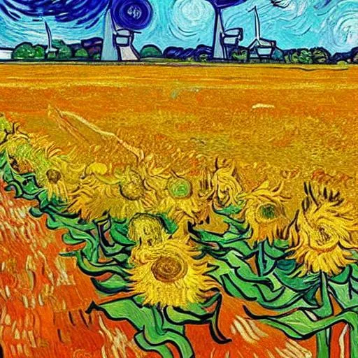 Prompt: Vincent van Gogh style painting of yellow orange field of sunflowers with climate sensors and wind turbines and the river IJssel in Overijssel