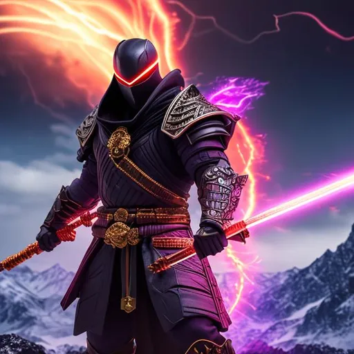 Prompt: sci-fi armoured ninja
 god in an electric aura yeilding a purple flaming sword in front of a snowy mountain with thunder