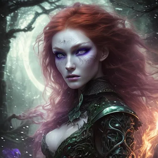 Prompt: Detailed fantasy 8k mystical light portrait of a witch with ivory clear skin, long redhead hair and deep purple eyes. Gorgeous hot body, she wears rich aderent green dress, night light, forest, dramatic, charming pose, frontal, magical, fantasy,  high detailed, dramatic light