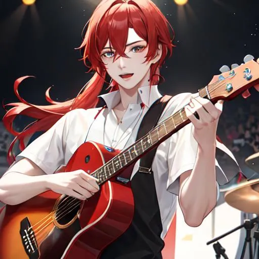 Prompt: Zerif 1male (Red side-swept hair covering his right eye) singing and playing the guitar on stage, UHD, 8K, highly detailed