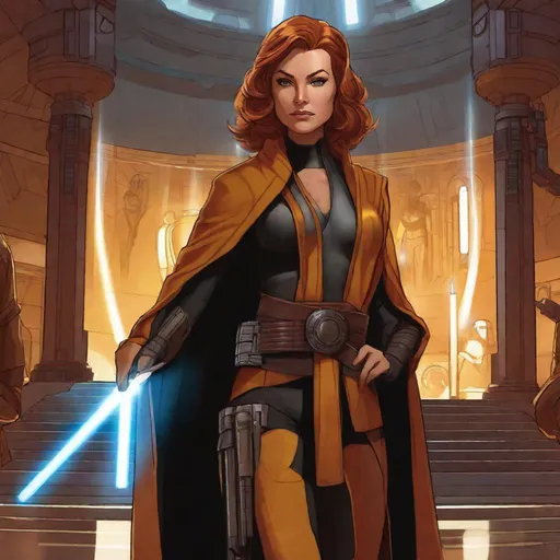 Prompt:   Jean Gray from X-men in jedi robes. In background a scifi light side temple. Well draw face. Detailed. Star wars art. Rpg art. 2d art. 2d.