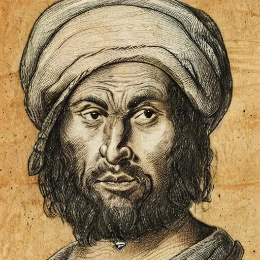 Prompt: A pencil drawn portrait of a 16th century Muslim pirate, dark hair, frowning expression, wrinkled face, holding a scimitar, high quality 