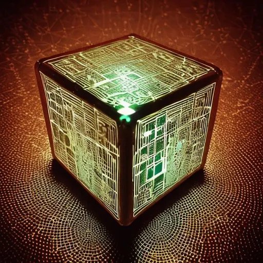 Prompt: Imagine a small, metallic cube with intricate circuitry etched on its surface. It glows with a pulsating blue light, and its sides are adorned with tiny conductive nodes. The cube is encased in a transparent shell, revealing the mesmerizing dance of electric flux within." then simplify to a sepia color set., and put the image on a yellowed parchment background.