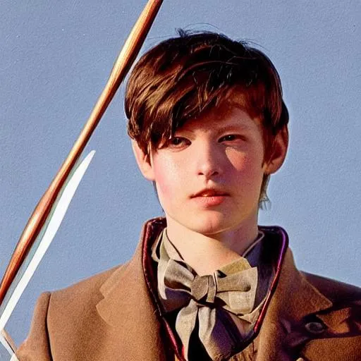 Prompt: a young man with brown wings and a bow and an ice arrow. short brown hair and eyes