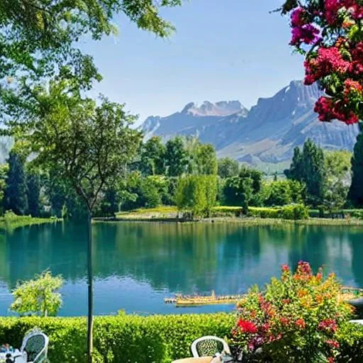 Prompt: Outdoor Restaurant seating area by a lake
Old money aesthetic italian
Lots of plants
Swans
Mountain ranges in view