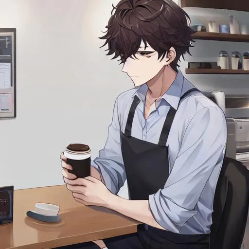 Prompt: A male tired employee named asher drinking coffee
