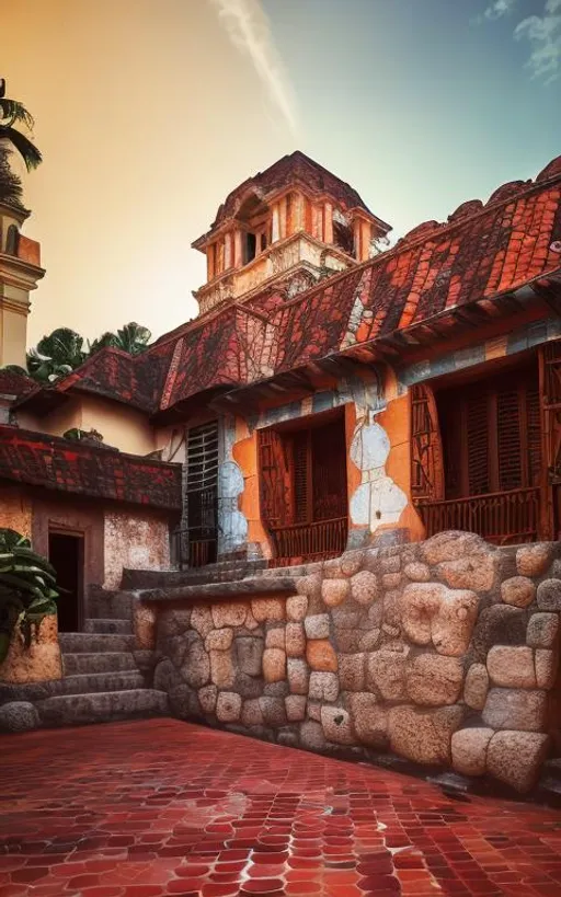 Prompt: A blend of Mayan architecture with French and Spanish colonial architecture, French tiled mansard roof, photograph, broad light, cinematic lighting, rich lighting, low color saturation, highly detailed, Kodachrome