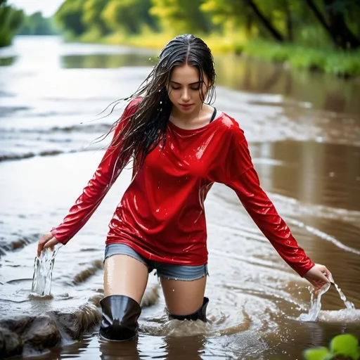 Prompt: photo of young woman, soaking wet clothes, Knee high boots , Long white legs, Red long sleeve top ,  , Standing in the river ,   enjoying, water dripping from clothes, clothes stuck to body,  detailed textures of the wet fabric, wet face, wet plastered hair,  wet, drenched, professional, high-quality details, full body view , Back vew 