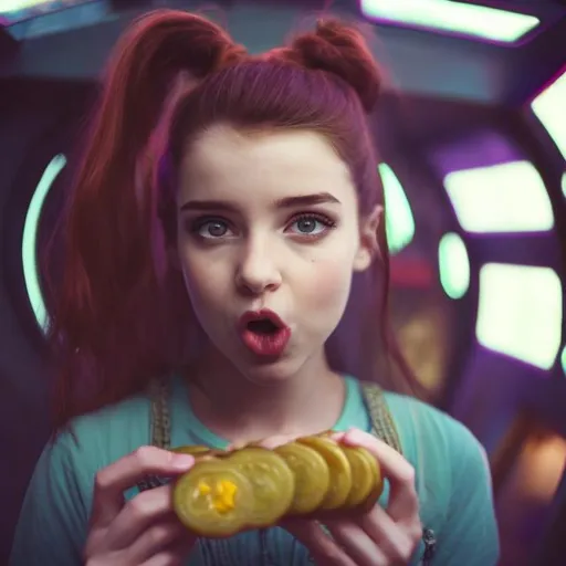 Prompt: pretty girl eating pickles on spaceship

