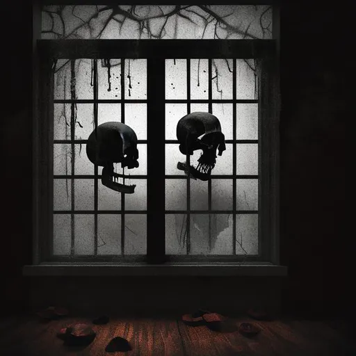 Prompt: make a macabre and gloomy in front of a window